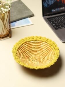 Wheat Grass Round Fruit Basket with Crochia